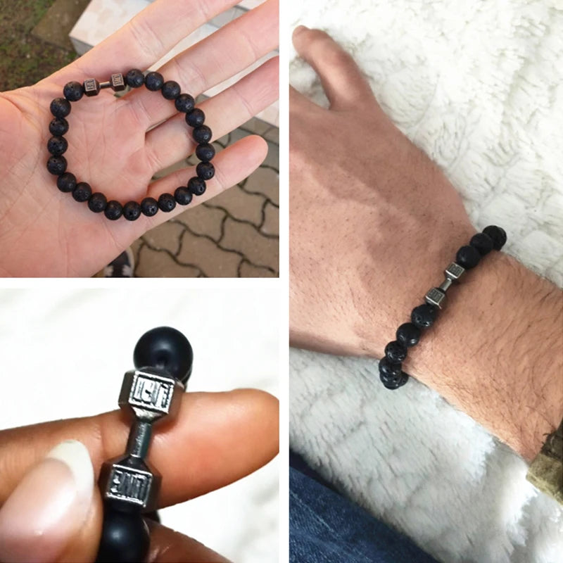 Pulseira de Pedra Natural com Detalhe Barbell e Fecho de Segurança Oculto.